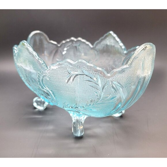 Blue Glass Bowl Jeannette Lombardi Floral Oval Footed Dish DD19 - Picture 1 of 7